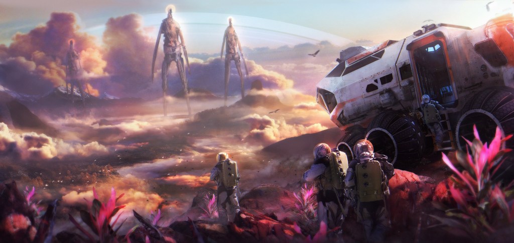Cover art. Astronaut like explorers in foreground, giants in the distance