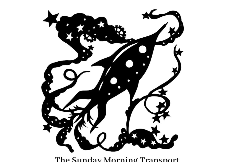 Black and white paper cutout of a rocket ship in a sea of stars.