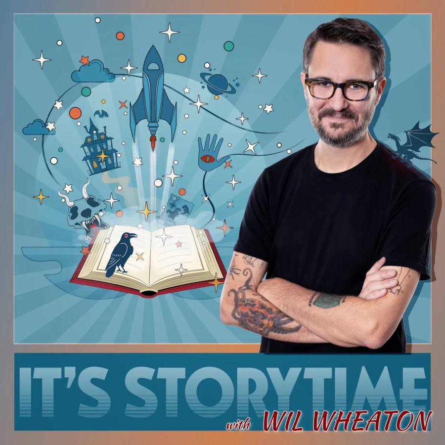 Wil Wheaton against a blue background with a book and the word "It's Storytime" across the bottom