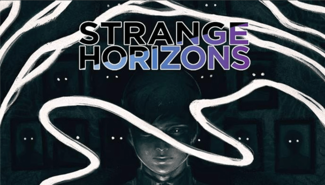 Strange Horizons kickstarter banner. Face in a black background with white stripes over tops