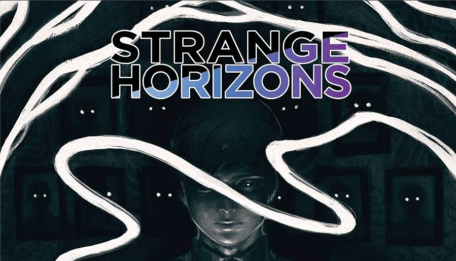 Strange Horizons kickstarter banner. Face in a black background with white stripes over tops