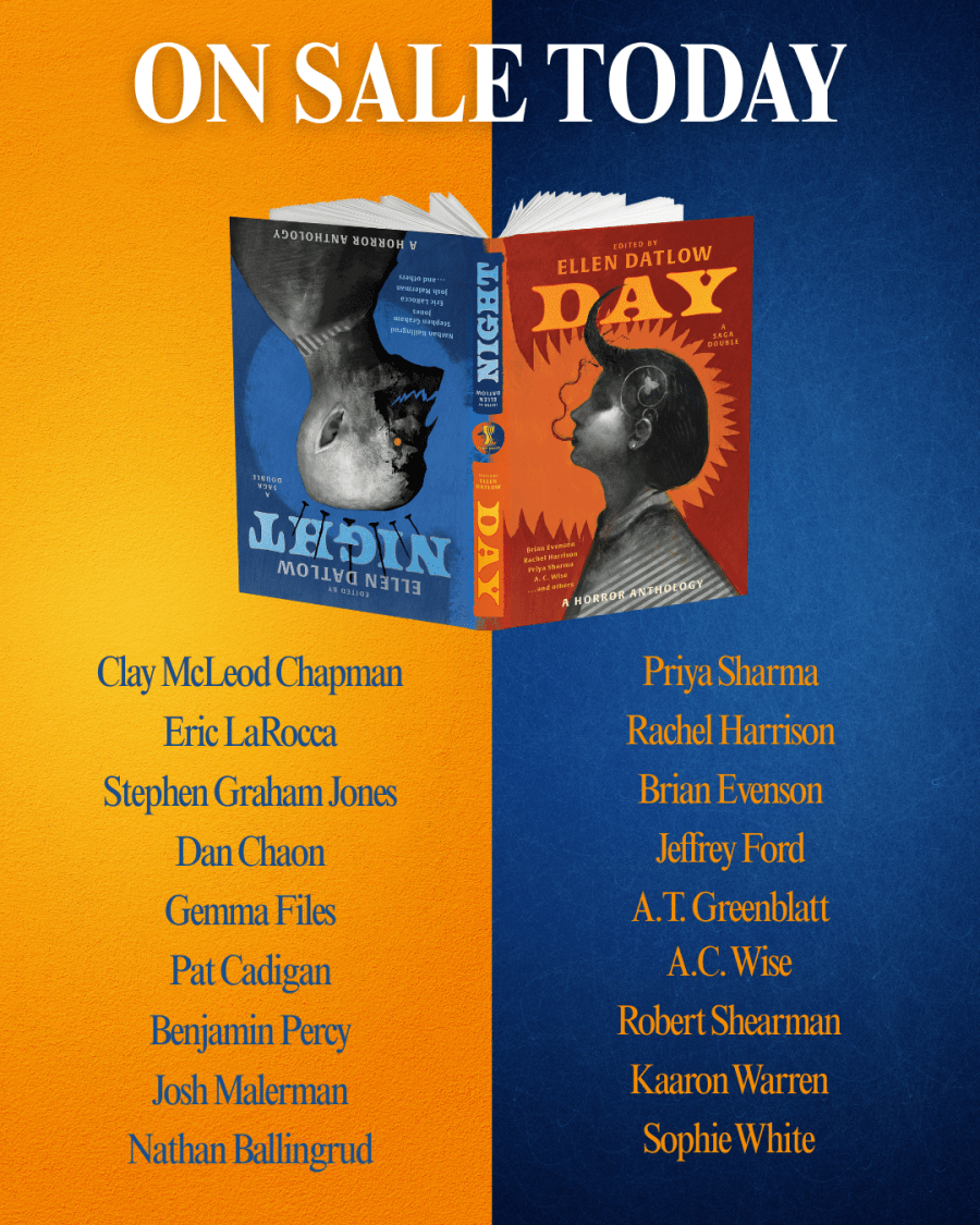 Banner with "On Sale Today" and a cover of the anthology with a list of all the contributing authors