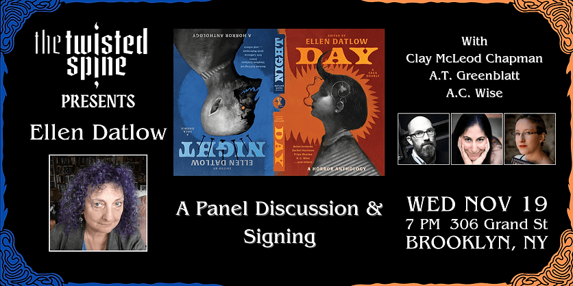 Promo banner for the Night and Day anthology event at The Twisted Spine. Includes images of the book and headshots of the speakers.